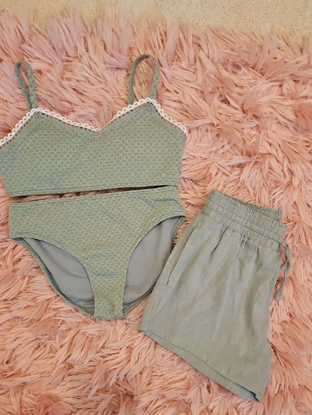 Girls Abercrombie Kids Sage Green Bikini & Matching Shorts Size 11/12